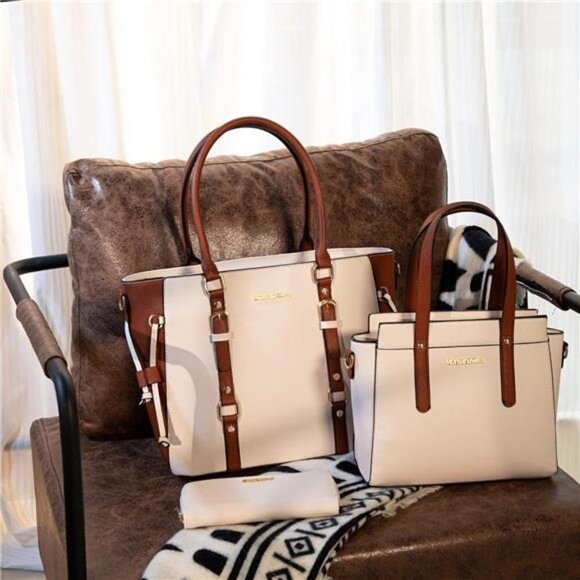 Montana West 3PCS Purses Women Tote Wallet Set Shoulder Bags Beige & Brown NEW - Picture 2 of 6